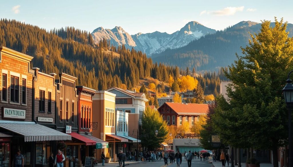A vibrant small-town scene with rustic buildings, quaint shops, and tree-lined streets. In the foreground, a bustling main street with colorful storefronts and pedestrians strolling by. In the middle ground, a mix of historic architecture and modern amenities, creating a charming gateway to the natural wonder beyond. In the background, towering mountains and lush forests, hinting at the stunning landscape of the nearby national park. Warm, golden sunlight filters through the leaves, casting a cozy, inviting atmosphere over the entire town. The image should convey the perfect blend of urban convenience and natural splendor that these gateway communities offer to visitors.