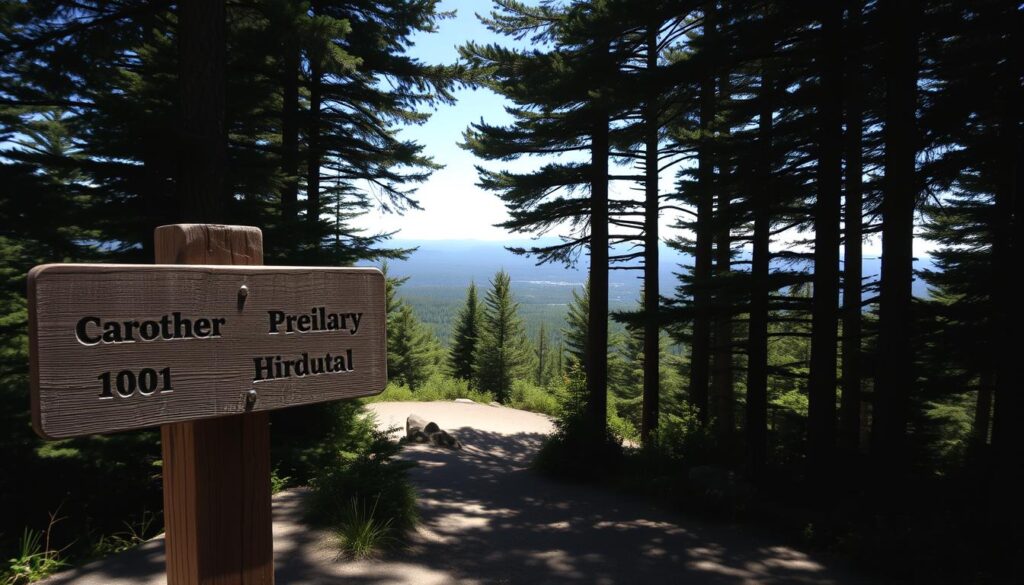 A weathered wooden directory sign stands prominently in the foreground of a sun-dappled clearing, surrounded by towering evergreen trees. The sign's surface is worn with the patina of time, inviting visitors to explore the hidden trails and scenic vistas of Acadia National Park. In the middle ground, a winding path leads deeper into the lush, verdant forest, its dappled shadows creating a serene and peaceful atmosphere. The background features distant, rolling hills and a glimpse of the rugged Maine coastline, hinting at the picturesque landscapes that await the adventurous explorer. The overall scene conveys a sense of rustic charm and the quiet allure of Acadia's untamed natural beauty.