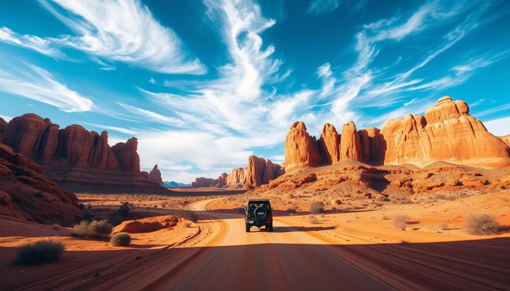 A wide, sun-drenched road winds through the iconic red rock formations of Arches National Park. Rugged, jagged sandstone cliffs frame the scene, casting dramatic shadows across the dusty ground. In the foreground, a lone vehicle - perhaps a sturdy SUV or classic Jeep - navigates the twisting path, its occupants eager to explore the park's natural wonders. The sky above is a brilliant azure, dotted with wispy clouds that reflect the park's serene, timeless beauty. The lighting is warm and diffused, creating a sense of tranquility and wonder. This image captures the essence of ground transportation within the breathtaking landscapes of Arches National Park.