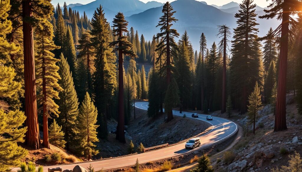 A winding mountain road cuts through a dense forest of towering sequoia trees in Sequoia National Park. The sun casts warm, golden light across the rugged terrain, casting long shadows from the ancient, towering trunks. The road twists and turns, offering glimpses of the majestic peaks of the Sierra Nevada in the distance. Travelers in their vehicles navigate the scenic byway, taking in the awe-inspiring grandeur of this remote, untamed wilderness. The overall atmosphere evokes a sense of adventure and the humbling scale of nature.