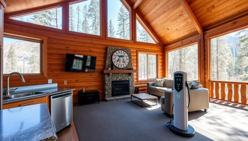 Amenities in a cozy Yosemite cabin: a well-equipped kitchen with stainless steel appliances, a wall-mounted TV, and a plush sectional sofa beside a stone fireplace. Natural light floods the room through large picture windows, revealing a scenic mountain view. An electric vehicle charging station stands in the driveway, next to ample parking spaces. The cabin's exterior blends seamlessly with the surrounding pine forest, creating a tranquil atmosphere perfect for a wilderness getaway.