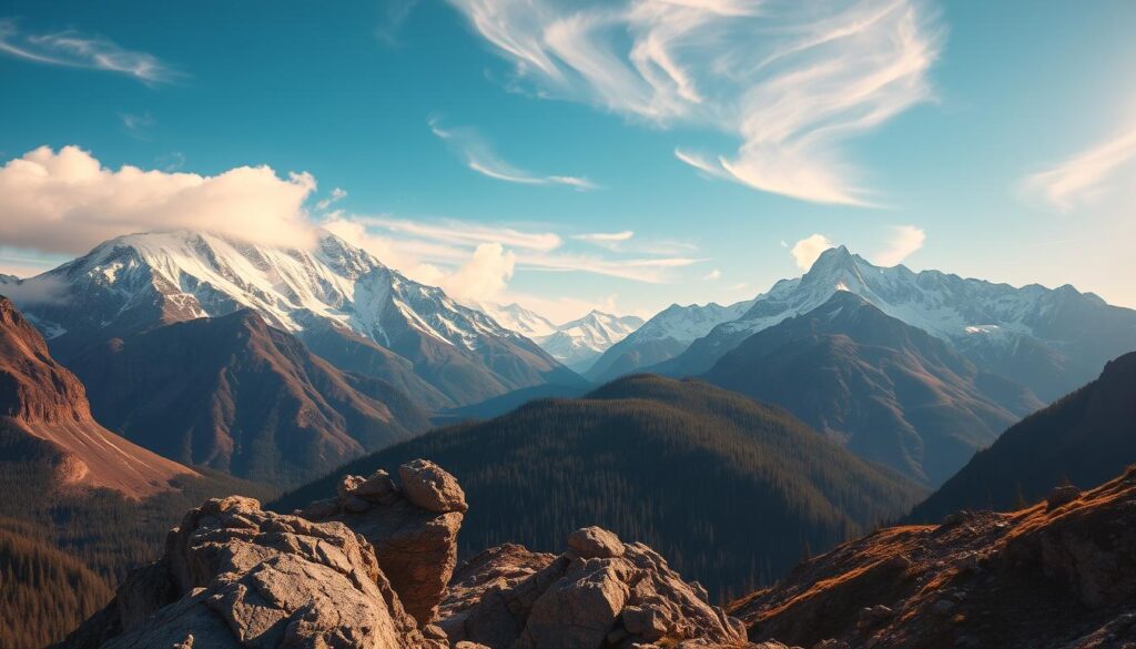 An awe-inspiring mountain landscape with snow-capped peaks piercing the azure sky, bathed in warm golden sunlight. In the foreground, a rugged, rocky outcrop leads the eye towards a verdant pine forest in the middle distance. Wispy clouds drift lazily overhead, casting gentle shadows on the terrain below. The whole scene evokes a sense of peaceful tranquility, an idyllic natural refuge away from the stresses of everyday life. Captured with a wide-angle lens to emphasize the grand scale and grandeur of this majestic, pristine alpine environment.