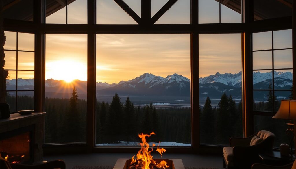 An expansive vista of Glacier National Park's iconic alpine landscape, captured through the grand windows of a classic mountain lodge. In the foreground, a cozy fireplace casts a warm glow, inviting visitors to bask in the rustic ambiance. The middle ground reveals a panoramic view of snow-capped peaks, their jagged silhouettes silhouetted against a golden sunset sky. Lush evergreen forests fill the background, creating a sense of serene isolation. Soft, diffused lighting illuminates the scene, evoking a mood of tranquility and timeless elegance. This image showcases the unparalleled setting of a traditional Glacier National Park lodge, where guests can immerse themselves in the park's natural splendor.