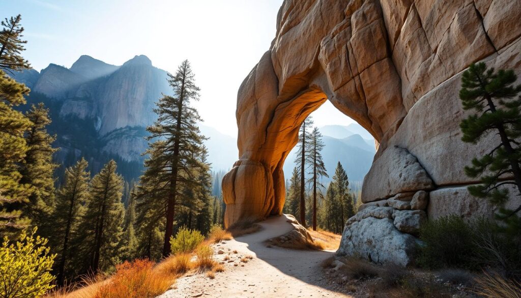 An impressive arch rock formation standing tall in the foreground, its rugged and weathered sandstone carved into a majestic natural gateway. Sunlight filters through the opening, casting a warm, golden glow on the surrounding cliffs and vegetation. In the middle ground, a winding trail leads visitors towards the entrance, inviting them to explore the hidden wonders beyond. The background is framed by towering pines and rolling hills, creating a serene, picturesque landscape that captures the essence of Yosemite's breathtaking natural beauty. Captured with a wide-angle lens to emphasize the grandeur of the scene, this image conveys a sense of wonder and adventure, perfectly suited to illustrate the entrance points and regions of this iconic national park.