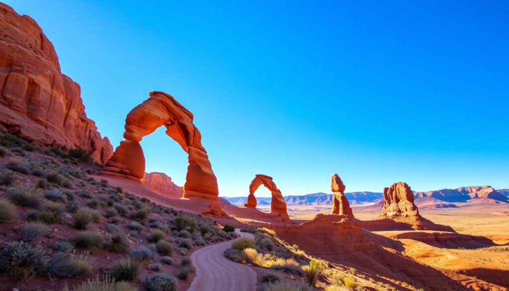 Arches National Park, a geological wonder nestled in the heart of Utah's rugged landscape. A sweeping vista of towering sandstone arches set against a clear azure sky, bathed in the warm glow of the desert sun. In the foreground, a winding trail leads the viewer through the undulating terrain, inviting exploration. The middle ground features the park's iconic Delicate Arch, silhouetted against the backdrop of distant mesas and buttes. Subtle hues of red, orange, and ochre create a harmonious palette, capturing the unique and captivating essence of this extraordinary natural sanctuary.