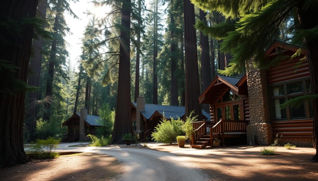 Cabins nestled amongst towering sequoia trees, their rustic wooden facades blending seamlessly into the lush, verdant forest. Sunlight filters through the canopy, casting a warm, inviting glow over the scene. In the foreground, a well-maintained dirt path leads visitors towards the cozy cabins, inviting them to step inside and experience the natural tranquility. The cabins feature charming details like stone chimneys, large picture windows, and wooden decks, offering the perfect balance of traditional style and modern amenities. The overall atmosphere exudes a sense of peaceful seclusion, transporting guests to a secluded wilderness oasis within the magnificent Sequoia National Park.