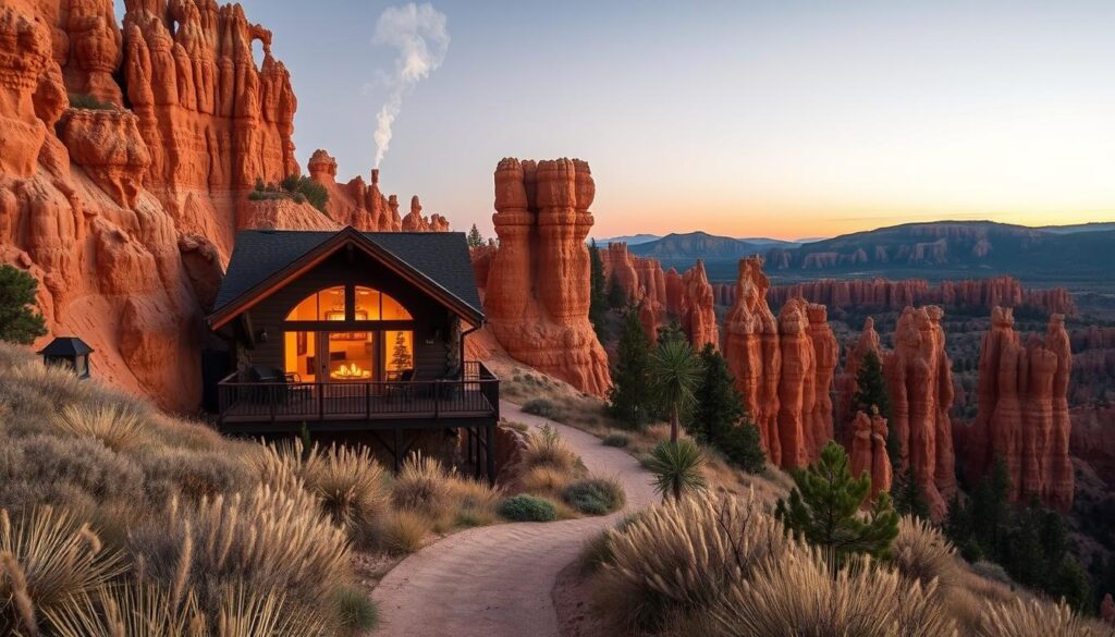 Cozy cabin nestled amidst the towering hoodoos of Bryce Canyon, Utah. Warm lighting spills from the windows, inviting you inside. The cabin's rustic exterior blends seamlessly with the rugged landscape, stone and timber complementing the natural beauty. A plume of smoke curls from the chimney, promising a crackling fireplace and a cozy retreat from the chilly evening air. In the foreground, a path leads through the sagebrush, guiding your eye towards the cabin's welcoming entrance. The sky is painted in soft pastels, hinting at the approaching sunset over the distant ridges. This serene and inviting scene captures the essence of a scenic hoodoo escape near Bryce Canyon.