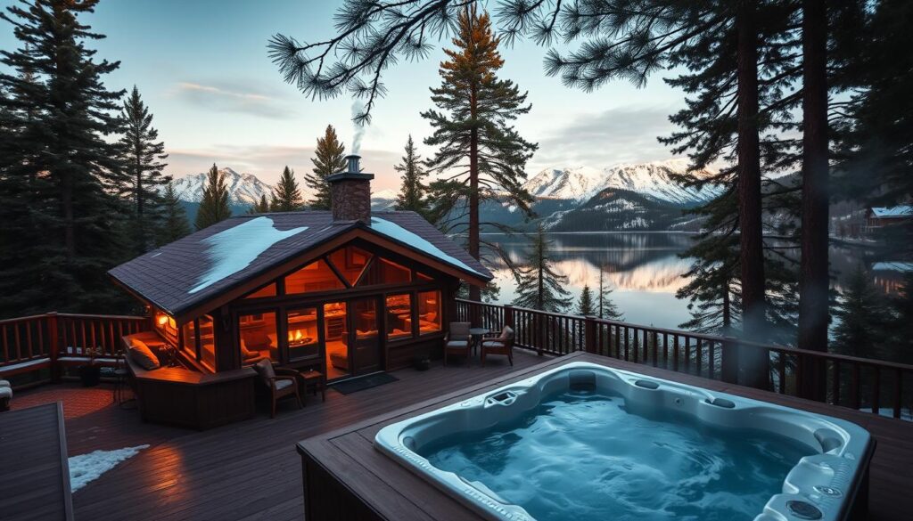 Cozy cabin nestled amidst towering pine trees, overlooking a serene lake. Warm, golden lighting spills from the windows, casting a romantic glow. Snow-capped mountains rise majestically in the background, reflected in the still waters. Smoke curls from the chimney, inviting guests to step inside and enjoy the crackling fireplace and plush furnishings. A wooden deck wraps around the cabin, offering panoramic views and a steaming hot tub for two. Wide-angle lens captures the breathtaking scene, evoking a sense of tranquility and escapism.