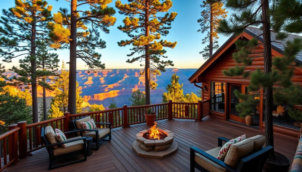 Cozy cabin nestled amidst towering pines, with a panoramic view of the majestic Grand Canyon. The foreground features a spacious wooden deck, complete with plush outdoor furniture and a crackling firepit. Middle ground showcases the warm, rustic exterior of the cabin, its timber walls and large windows inviting tranquility. The background presents the iconic layered canyon landscape, bathed in golden hour lighting that casts a serene glow over the entire scene. The overall mood is one of peaceful seclusion, where guests can unwind and immerse themselves in the natural splendor of the region.