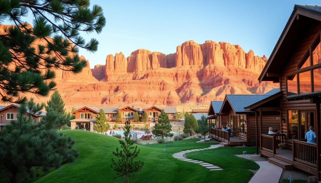 Cozy family-friendly cabins nestled among the red rock formations of Moab, Utah. Charming wooden structures with large windows overlooking the dramatic desert landscape. Lush green grass and pine trees in the foreground, with towering sandstone cliffs in the distance. Warm, golden lighting filters through the cabins, creating a welcoming and tranquil atmosphere. Families gathered on the spacious decks, enjoying the epic mountain and canyon views. Pathways wind through the grounds, connecting the cabins to shared amenities like a swimming pool and recreation areas. An idyllic desert retreat for all ages to relax and connect with nature.