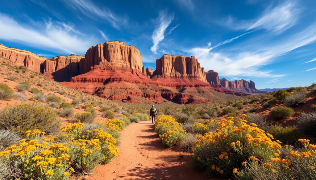 Hiking trails wind through a rugged, sun-dappled landscape near Canyonlands National Park. In the foreground, a well-trodden path leads through vibrant desert scrub, dotted with vibrant wildflowers. Towering sandstone cliffs rise in the middle ground, their warm, ochre hues contrasting against a deep blue sky. Wispy clouds cast dancing shadows across the terrain. The scene evokes a sense of adventure and exploration, inviting the viewer to step into this dramatic, serene wilderness. Captured with a wide-angle lens, the image conveys the grandeur and solitude of this remote, untamed corner of the American Southwest.