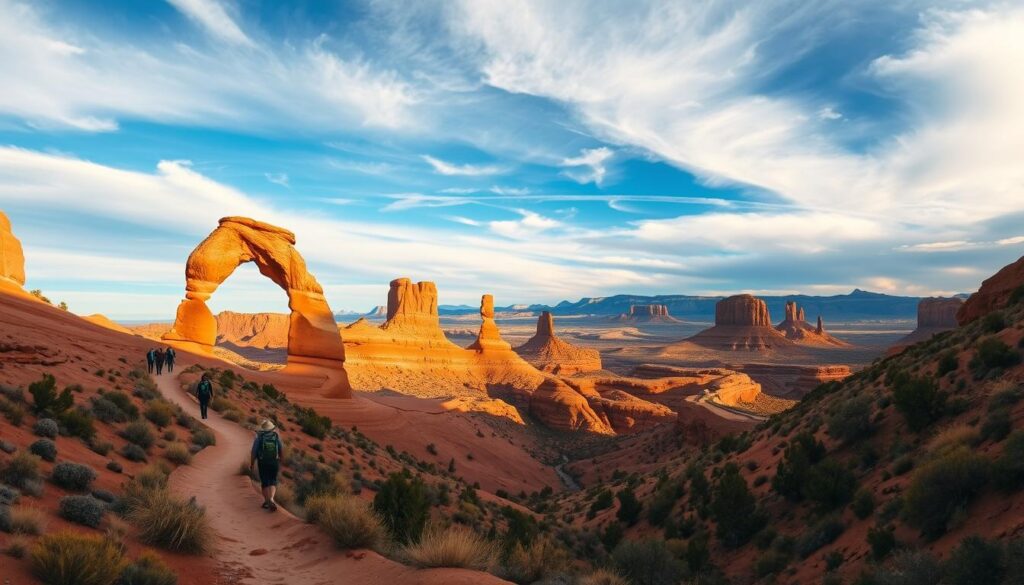 Hiking trails wind through the dramatic landscapes of Arches National Park, framed by towering sandstone formations and dramatic skies. In the foreground, a well-marked trail leads through a canyon, with hikers in the distance exploring the rugged terrain. The middle ground features a panoramic view of iconic arches and spires, bathed in warm, golden afternoon light. In the background, distant mountains rise against a deep blue sky, with wispy clouds casting soft shadows across the desert. Capture the sense of scale and adventure with a wide-angle lens, highlighting the striking contrasts of color and texture that make this region a premier destination for outdoor enthusiasts.
