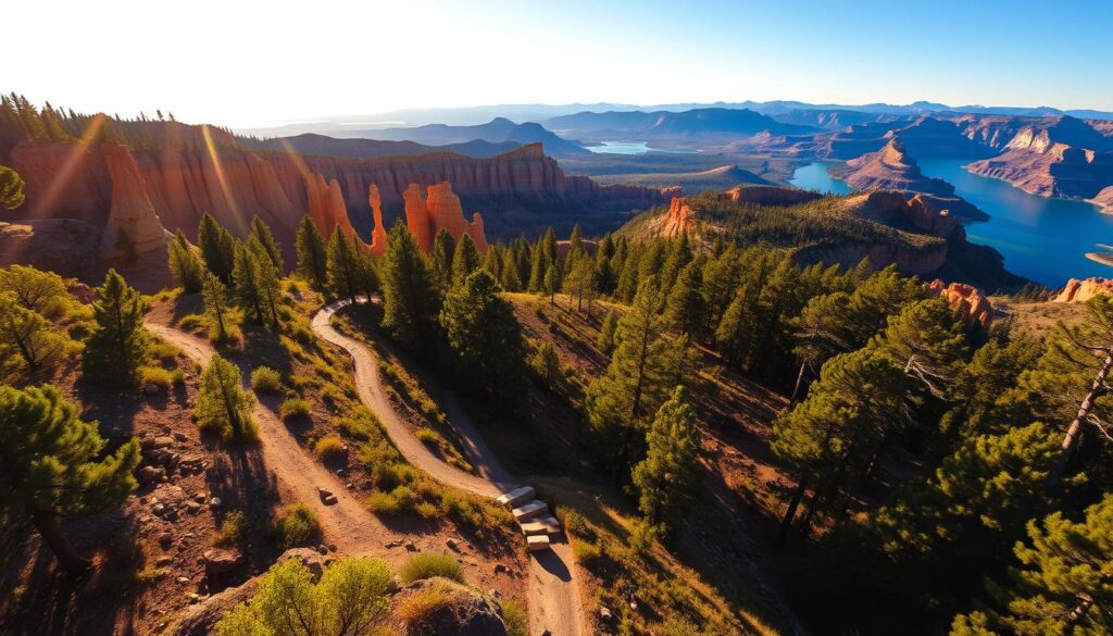 Hiking trails winding through lush, verdant forests, leading to scenic overlooks with sweeping vistas of rugged hoodoos, towering cliffs, and a vast, open sky. Warm, golden sunlight filters through the canopy, casting a soft, inviting glow across the landscape. In the distance, a sparkling, azure lake reflects the surrounding natural beauty. A wide-angle lens captures the grandeur of the scene, inviting the viewer to immerse themselves in the tranquility and adventure of the great outdoors.
