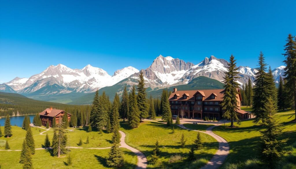 Majestic snow-capped peaks rise against a clear azure sky, their glaciers reflecting the warm sunlight. In the foreground, a grand historic lodge sits nestled among towering pines, its rustic architecture blending seamlessly with the natural landscape. Winding trails lead guests through verdant meadows and past crystalline lakes, inviting exploration of Glacier National Park's timeless beauty. A wide-angle lens captures the breathtaking panorama, highlighting the park's iconic lodges and the seamless integration of hospitality and wilderness. The scene evokes a sense of serene adventure, perfect for those seeking a quintessential Rocky Mountain getaway.