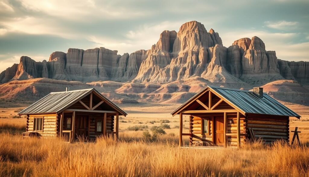 Medora cabins Boots Campground: rustic prairie retreats nestled in the Badlands. Weathered wooden cabins stand against a backdrop of rugged buttes, their warm tones and pitched roofs evoking frontier charm. Tall prairie grasses sway in the breeze, creating a naturalistic, serene atmosphere. Soft, diffused lighting casts gentle shadows, highlighting the cabins' weathered character. Capture the essence of this remote, peaceful oasis - a cozy escape amidst the majestic Badlands landscape.