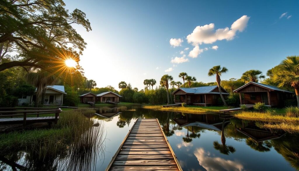 Nestled amidst the lush, verdant expanse of Everglades National Park, a picturesque collection of rustic cabins and cozy cottages beckon. A warm, golden glow filters through the canopy of cypress trees, casting a serene ambiance over the tranquil waterways. In the foreground, a weathered wooden dock extends into a mirror-like lake, inviting visitors to embark on leisurely kayak adventures. Across the middle ground, charming rental properties blend seamlessly with the natural landscape, their charming porches and inviting entryways promising a serene escape. In the distance, the iconic sawgrass marshes and mangrove forests of the Everglades stretch out, creating a picturesque backdrop for this idyllic retreat.