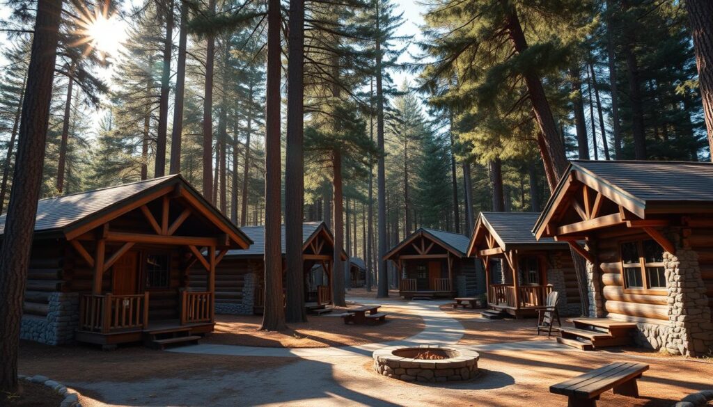 Nestled among towering pines, a collection of rustic log cabins stand in a peaceful woodland setting. Sunlight filters through the branches, casting a warm glow on the weathered wood and stone exteriors. Each cabin is adorned with a charming porch, inviting visitors to relax and take in the serene natural surroundings. The cabins are arranged in a picturesque layout, with paths winding between them, leading to a central gathering area with a crackling fire pit. The scene evokes a sense of cozy solitude, perfect for a tranquil retreat amidst the stunning landscapes of Yosemite.