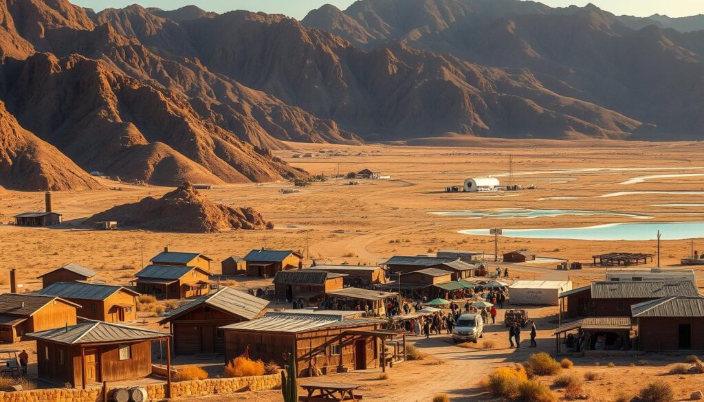 Pahrump Tecopa Base: a remote desert outpost nestled between towering mountains, bathed in warm, golden sunlight. In the foreground, a cluster of rugged, weathered cabins stand as oases of civilization, their adobe walls casting soft shadows. The middle ground reveals a bustling market, vendors selling local produce and handcrafted wares, while in the distance, the shimmering azure of natural hot springs beckons. An atmosphere of tranquility and exploration pervades the scene, inviting the weary traveler to discover the hidden charms of this arid, yet inviting, landscape.
