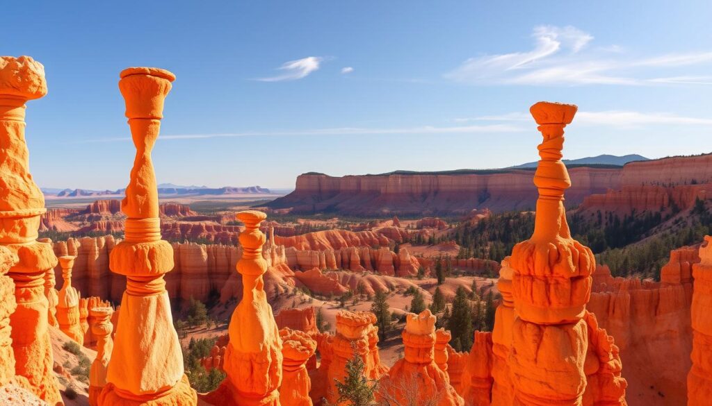 Scenic landscapes and signature hoodoos at Bryce Canyon: A wide, panoramic view captures the dramatic rock formations towering over a serene landscape. Warm, golden light bathes the red, orange, and white layered sandstone, creating a breathtaking contrast against the clear blue sky. In the foreground, twisted, sculpted pillars stand tall, their unique shapes and textures drawing the eye deeper into the scene. A few wispy clouds drift lazily overhead, adding to the sense of tranquility. The middle ground features rolling hills and valleys, dotted with lush vegetation that complements the rugged geology. The background is dominated by the iconic hoodoos, their peaks reaching skyward like natural skyscrapers. The overall atmosphere evokes a serene, majestic, and timeless quality, perfectly capturing the essence of Bryce Canyon's stunning natural beauty.
