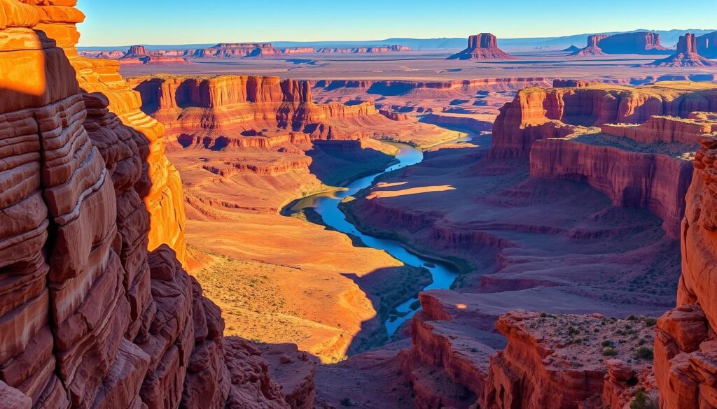 Scenic vista of Canyonlands National Park, Utah, captured with a wide-angle lens. In the foreground, towering red sandstone formations cast long shadows under the warm afternoon sun. The middle ground features a winding river cutting through the rugged, multicolored landscape, its meandering path flanked by lush desert vegetation. In the distant background, the horizon is dominated by the iconic, mesa-like buttes and spires of the Island in the Sky district, their silhouettes bathed in a hazy, golden glow. The overall scene conveys a sense of vast, untamed wilderness, inviting the viewer to immerse themselves in the majesty of this high-desert landscape.