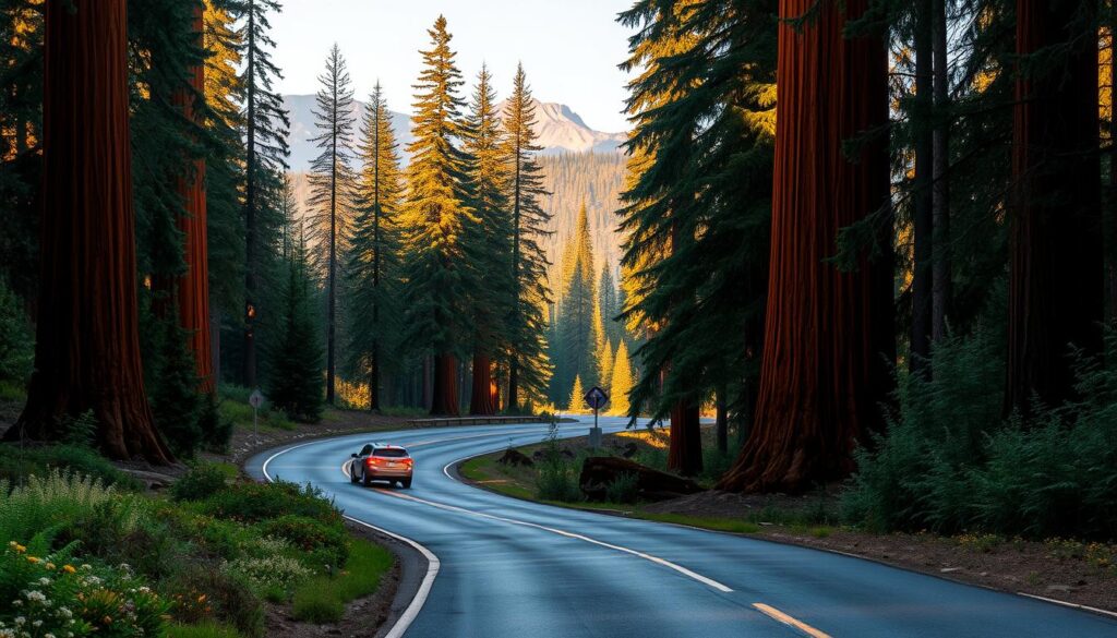 Sequoia National Park driving tips: A winding mountain road winds through a serene forest of towering sequoia trees, their rust-colored bark glowing in the soft golden light of the afternoon sun. The road is bordered by lush ferns and wildflowers, with occasional glimpses of the distant peaks beyond. In the foreground, a car navigates the gentle curves, its headlights cutting through the dappled shadows. The scene conveys a sense of adventure and exploration, inviting the viewer to imagine the journey ahead through this majestic natural wonder.