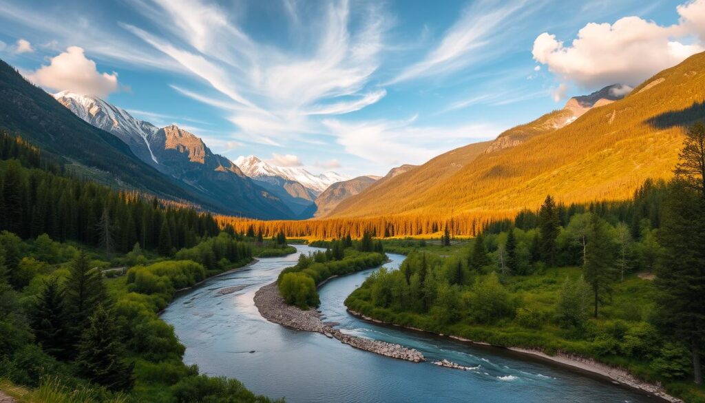 Serene landscape of three rivers flowing peacefully through a lush, verdant valley, surrounded by towering mountains capped with snow. The rivers wind gracefully, their crystal-clear waters reflecting the warm, golden sunlight that filters through wispy clouds. Lush, green foliage lines the riverbanks, creating a tranquil and inviting atmosphere. The scene is captured through a wide-angle lens, showcasing the breadth and scale of the natural wonder. This idyllic setting evokes a sense of calm and adventure, perfect for a family vacation near Sequoia National Park.