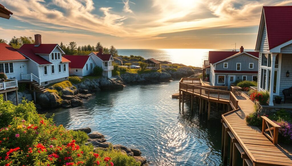 Weathered wooden cottages nestled along the rugged Maine coastline, their crisp white siding and cheerful red roofs reflected in the calm, azure waters. Lush, fragrant gardens spill over with colorful blooms, while a winding wooden dock invites leisurely strolls and sunset views. Sunlight filters through wispy clouds, casting a warm, golden glow across the tranquil scene. Families relax on the breezy porches, gazing out at the vast, shimmering ocean horizon. This idyllic seaside retreat exudes a sense of timeless charm and coastal serenity, perfectly capturing the essence of a quintessential New England summer getaway.