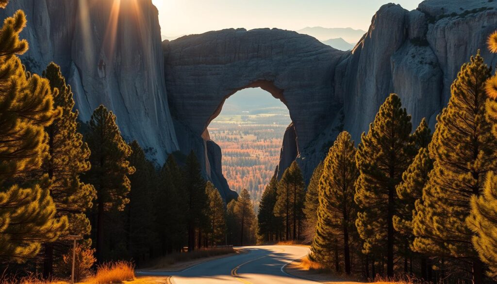 Yosemite's grand granite entrance, majestic and awe-inspiring. A wide-angle shot capturing the towering cliffs, the iconic arch framing the expansive valley beyond. Warm, golden sunlight filters through the pine trees, casting a soft glow across the scene. In the foreground, a winding road leads travelers into the heart of the park, inviting exploration. The middle ground showcases the weathered stone façade, its timeless grandeur commanding attention. In the distance, a panoramic vista of rolling hills, dotted with lush greenery, creates a picturesque backdrop. An atmospheric, cinematic composition that evokes the wonder and majesty of Yosemite's magnificent entrances.