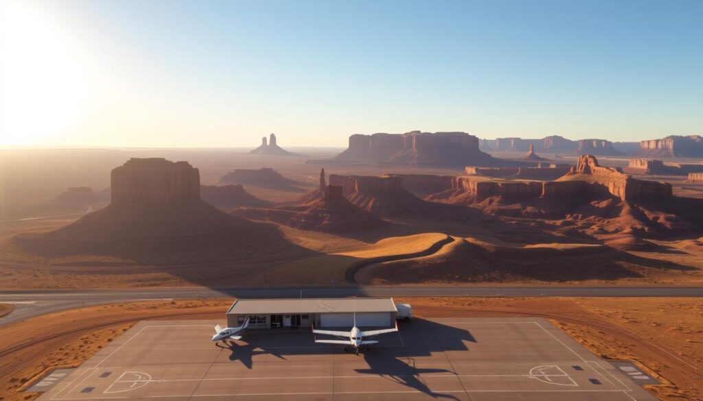 a serene and expansive aerial view of canyonlands field airport, a small regional airport nestled in the heart of the rugged utah desert. the sun casts a warm glow over the tarmac, where a few private planes are parked. in the foreground, the airport's modest terminal building stands in contrast to the dramatic landscape surrounding it - towering red rock formations, sculpted by wind and time, stretch out to the horizon. in the background, the iconic buttes and mesas of canyonlands national park rise up, creating a stunning natural backdrop. the scene conveys the advantages of this airport's remote location - easy access to some of america's most iconic natural wonders, with a sense of solitude and wide open spaces.
